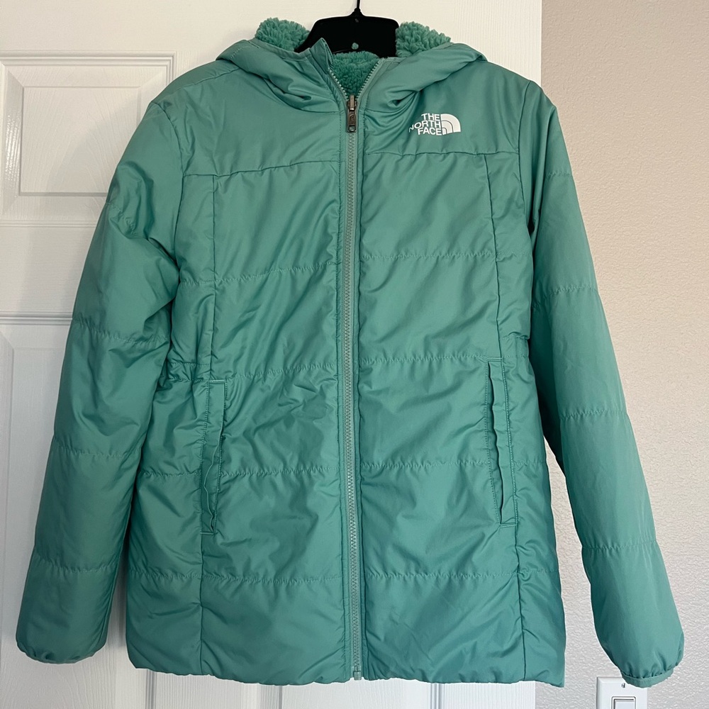 Gently Worn Girls Reversible The North Face Teal Hooded Jacket size 14/16 (XL)